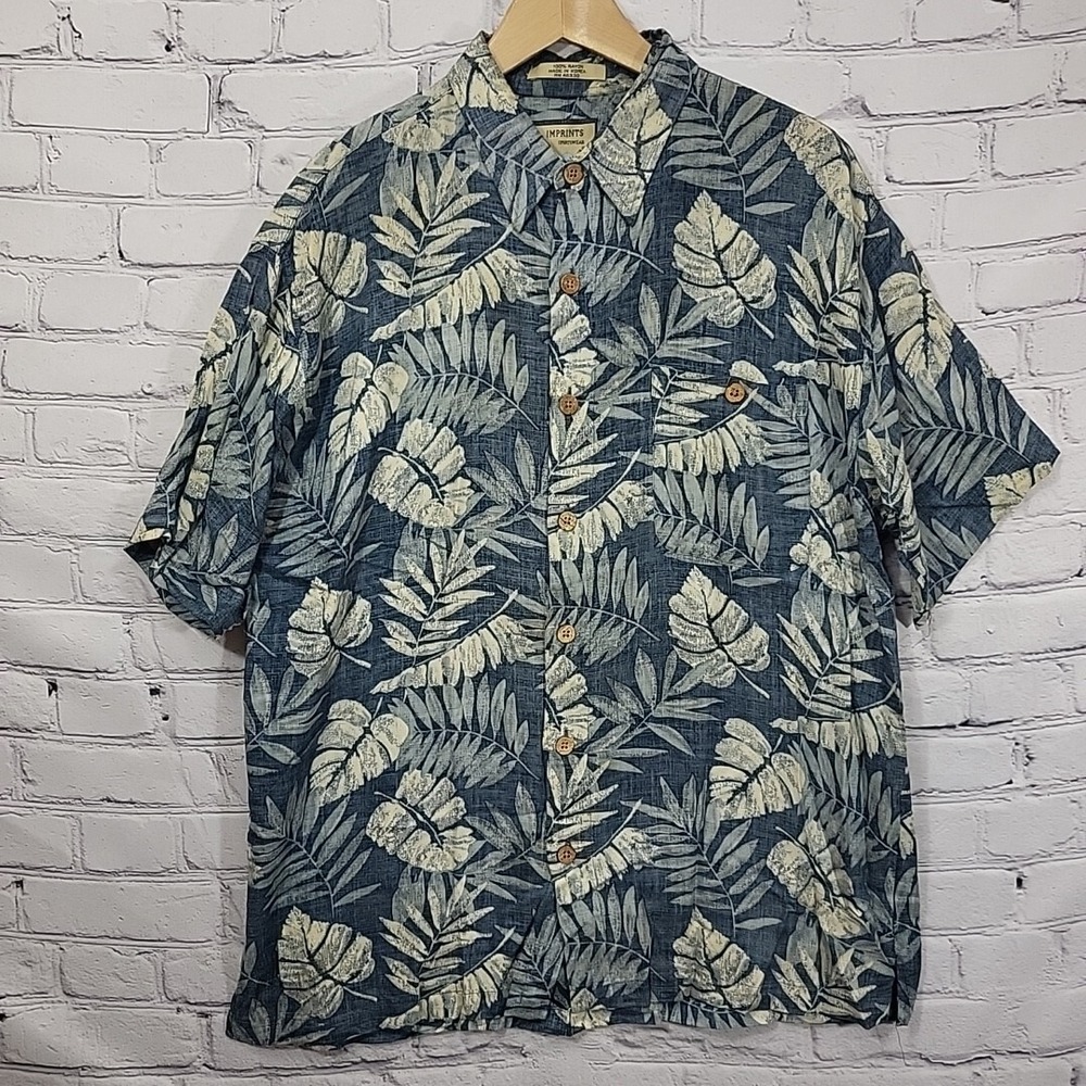 Imprints Hawaiian Shirt Mens L Large Foliage‎ Leaves Blue Hawaii